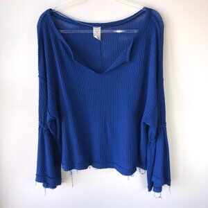 We The Free Cobalt Blue Waffle Split Neck Raw Hem Long Bell Sleeve Top Medium